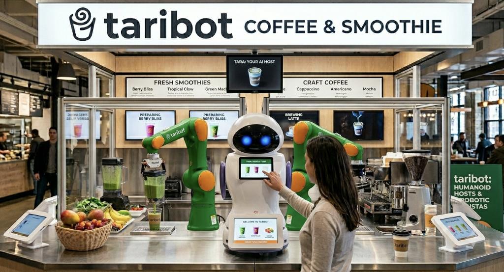 TARIBOT Coffee & Smoothie kiosk — Tara A.I. host with dual robotic arms preparing Berry Bliss and brewing Latte